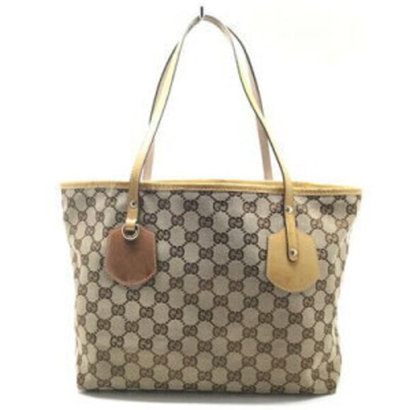 Gucci Handbags - Gucci Tote Bag Charm Canvas Vernis Patent Leather Beige Brown